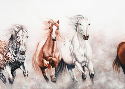 "At Liberty", four horses galloping, original oil and acrylic painting by Wendy Beresford