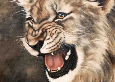 Lion cub snarling, original oil painting by Wendy Beresford