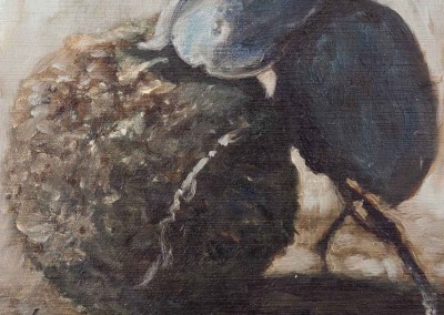 Dung Beetle, original painting miniature on wood by Wendy Beresford