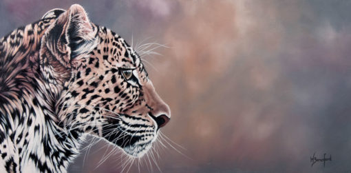 "Endangered", oil painting of leopard profile by Wendy Beresford