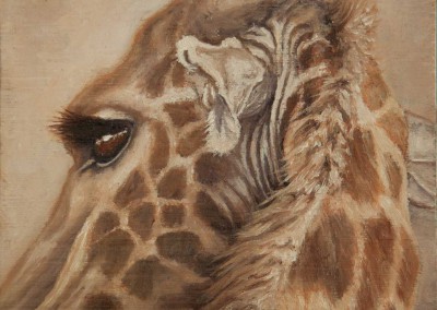 Giraffe profile, original oil painting miniature on wood by Wendy Beresford