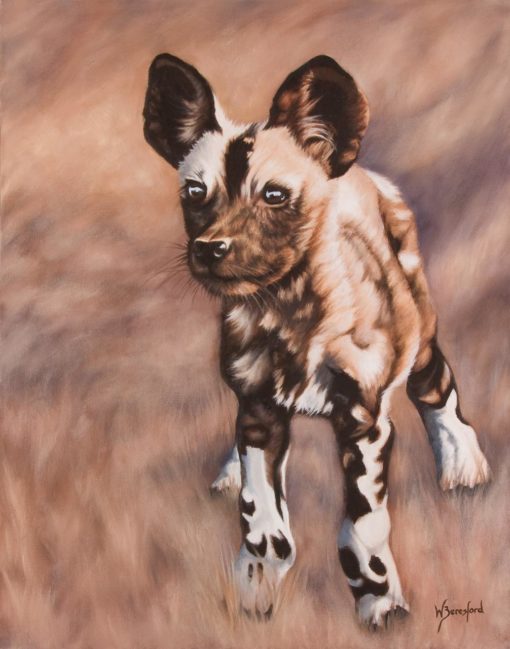 "New World" by Wendy Beresford, oil painting of an African wild dog puppy