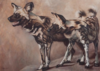"Scouts", oil painting of two African wild dogs by Wendy Beresford