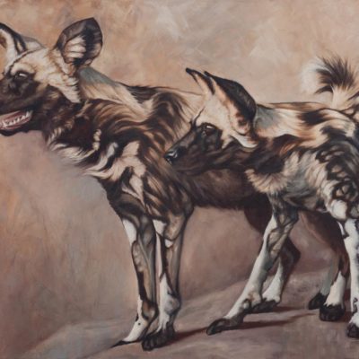 "Scouts", oil painting of two African wild dogs by Wendy Beresford