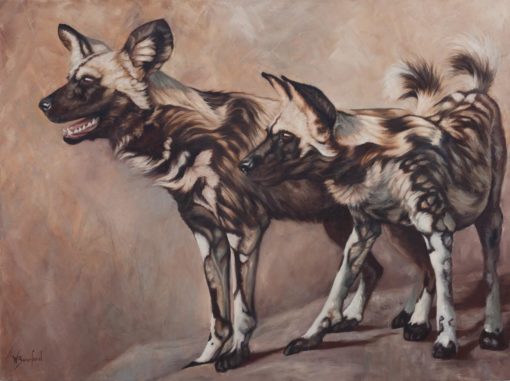 "Scouts", oil painting of two African wild dogs by Wendy Beresford