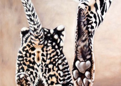 "Strutting Her Stuff", original oil painting by Wendy Beresford, leopard cub following mother