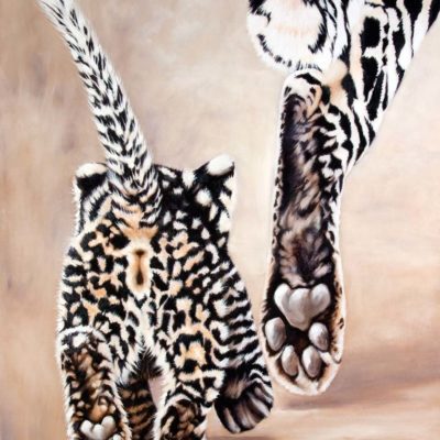 "Strutting Her Stuff", original oil painting by Wendy Beresford, leopard cub following mother
