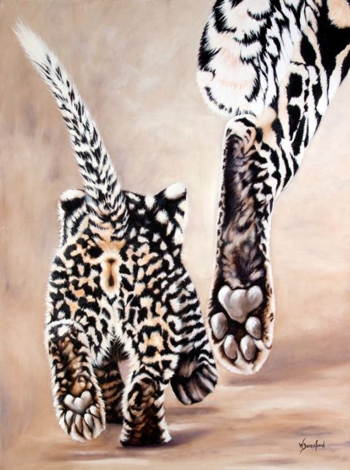 "Strutting Her Stuff", original oil painting by Wendy Beresford, leopard cub following mother