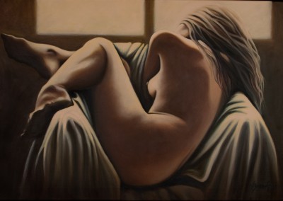 Female nude study by window, original oil painting by Wendy Beresford