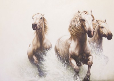 "Power of Equus", three horses galloping through water, original oil painting by Wendy Beresford