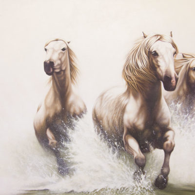 "Power of Equus", three horses galloping through water, original oil painting by Wendy Beresford