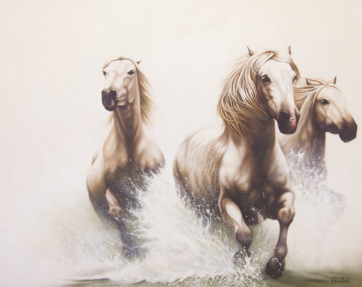 "Power of Equus", three horses galloping through water, original oil painting by Wendy Beresford