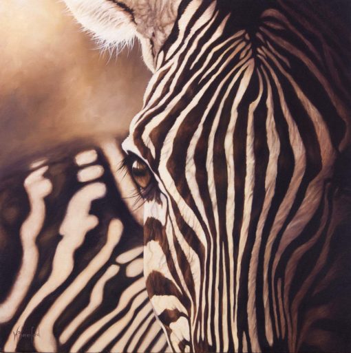 "Through the Looking Glass", oil painting of zebra close up by Wendy Beresford