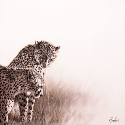 "Vanabhudhi", Monochrome painting of two cheetahs, oil on canvas, by Wendy Beresford