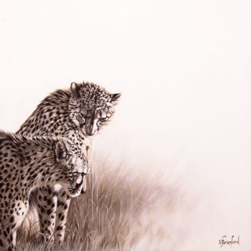 "Vanabhudhi", Monochrome painting of two cheetahs, oil on canvas, by Wendy Beresford