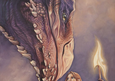 Oil painting of dragon and elf by Wendy Beresford