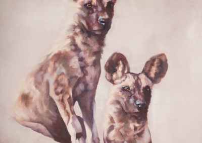 "Wild Dogs", African Wild Dog pair, oil painting by Wendy Beresford