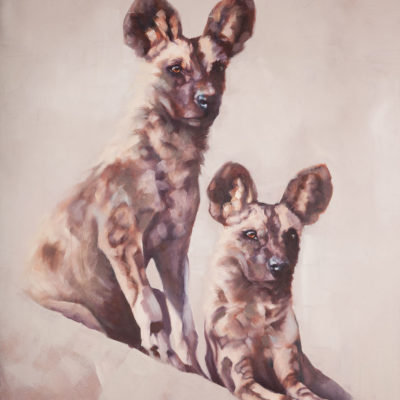 "Wild Dogs", African Wild Dog pair, oil painting by Wendy Beresford