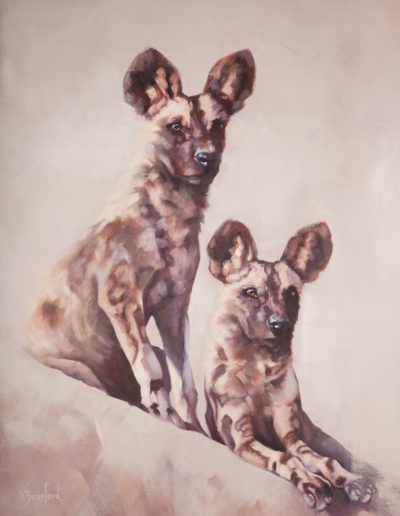 "Wild Dogs", African Wild Dog pair, oil painting by Wendy Beresford