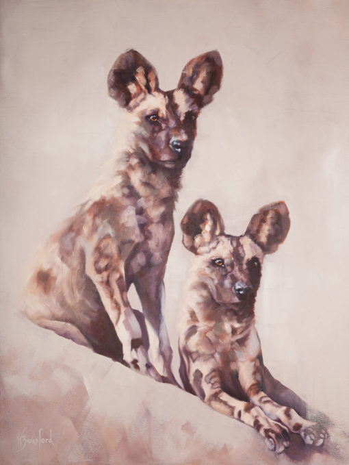 "Wild Dogs", African Wild Dog pair, oil painting by Wendy Beresford