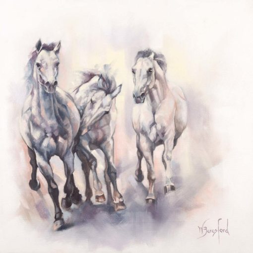 "And the Greys have it", oil painting on canvas, three grey horses galloping, by Wendy Beresford