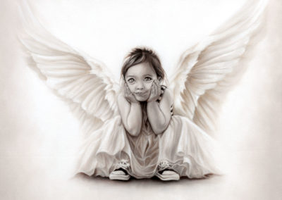 "Soul Child", oil painting in monochrome of a little girl angel by Wendy Beresford