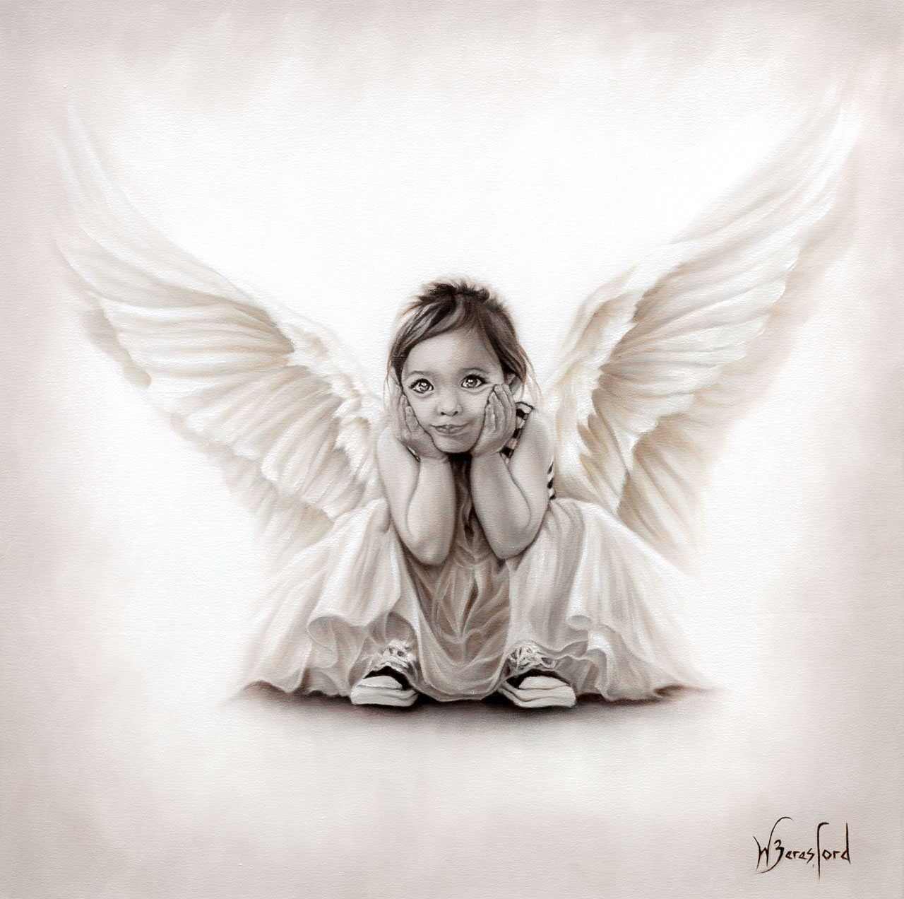 "Soul Child", oil painting in monochrome of a little girl angel by Wendy Beresford