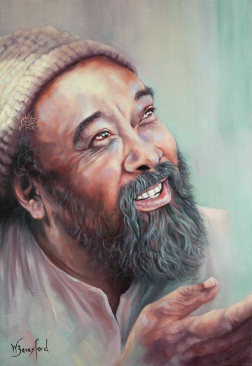 A portrait of Mooji, oils on canvas, by Wendy Beresford