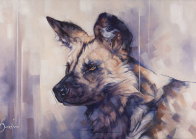 "Painted Dog", a portrait of African Wild Dog, oil on canvas, by Wendy Beresford