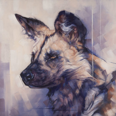 "Painted Dog", a portrait of African Wild Dog, oil on canvas, by Wendy Beresford