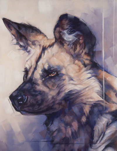 "Painted Dog", a portrait of African Wild Dog, oil on canvas, by Wendy Beresford