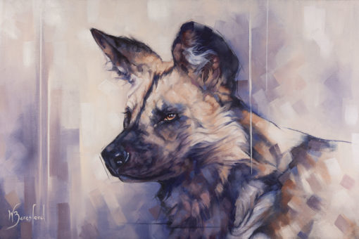 "Painted Dog", a portrait of African Wild Dog, oil on canvas, by Wendy Beresford