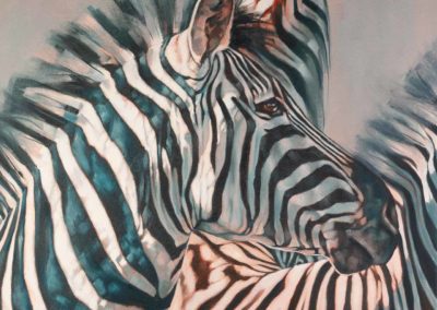 "Storm Watchers", oil painting on stretched canvas, portrait of zebras, by Wendy Beresford
