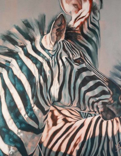 "Storm Watchers", oil painting on stretched canvas, portrait of zebras, by Wendy Beresford