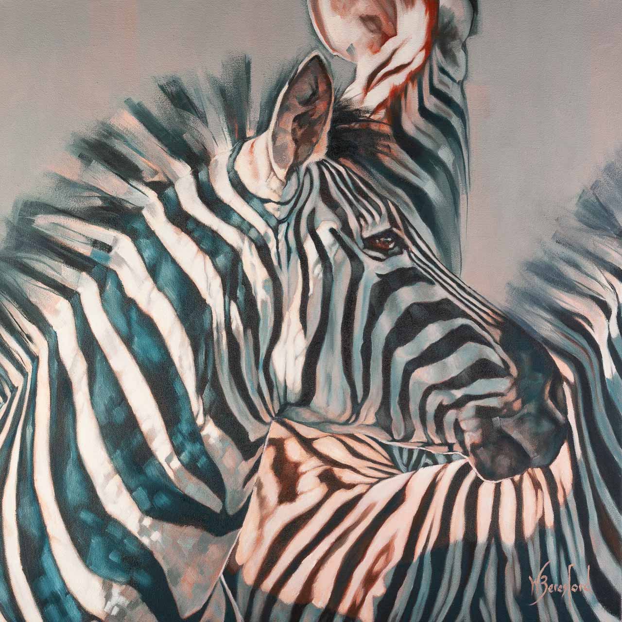 "Storm Watchers", oil painting on stretched canvas, portrait of zebras, by Wendy Beresford