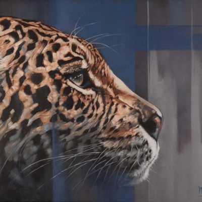 "Night Denizen", oil on canvas, portrait of a leopard by Wendy Beresford