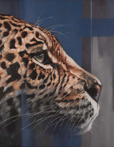 "Night Denizen", oil on canvas, portrait of a leopard by Wendy Beresford