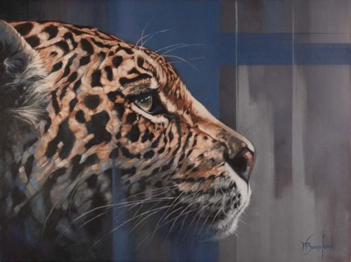 "Night Denizen", oil on canvas, portrait of a leopard by Wendy Beresford