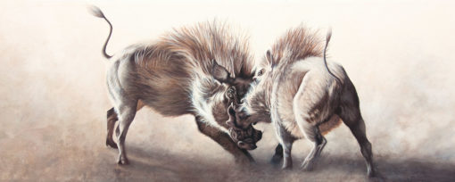 "Show Me Your Teeth", two warthogs sparring, original oil painting by Wendy Beresford