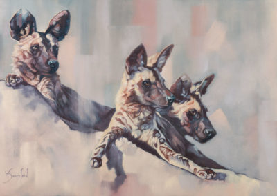 "Still Point", oil on canvas, original painting of three African Wild Dogs by Wendy Beresford