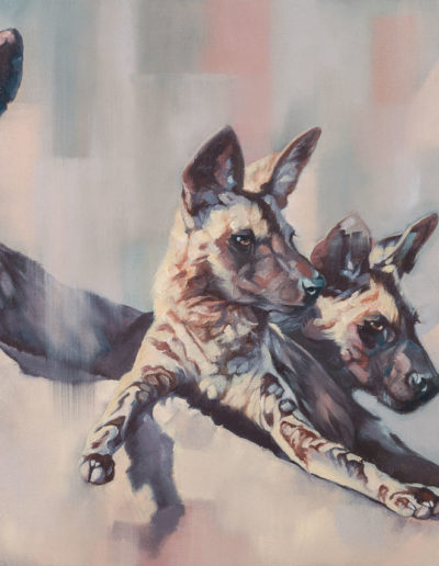 "Still Point", oil on canvas, original painting of three African Wild Dogs by Wendy Beresford