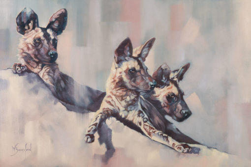 "Still Point", oil on canvas, original painting of three African Wild Dogs by Wendy Beresford