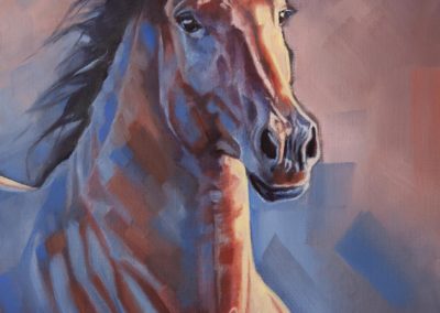 "Blue Bay", oil painting of a sunlit bay horse on canvas sheet, mounted, by Wendy Beresford