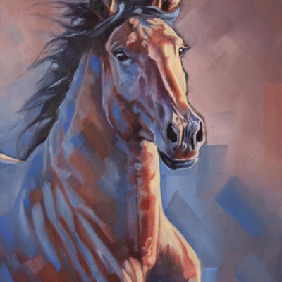 "Blue Bay", oil painting of a sunlit bay horse on canvas sheet, mounted, by Wendy Beresford