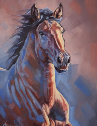 "Blue Bay", oil painting of a sunlit bay horse on canvas sheet, mounted, by Wendy Beresford