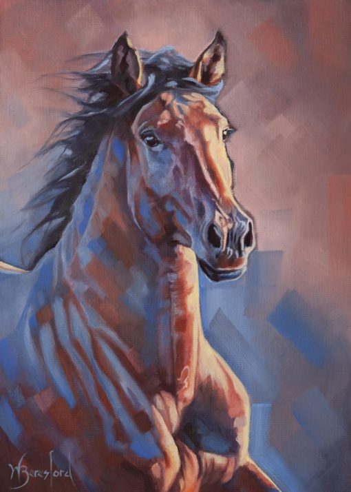 "Blue Bay", oil painting of a sunlit bay horse on canvas sheet, mounted, by Wendy Beresford