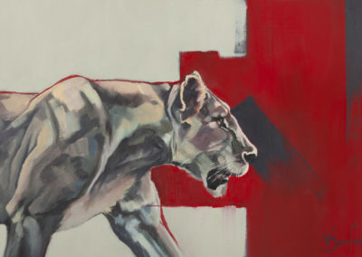 "Staying Alive", original oil painting on canvas sheet, mounted in white, of a lioness, by Wendy Beresford
