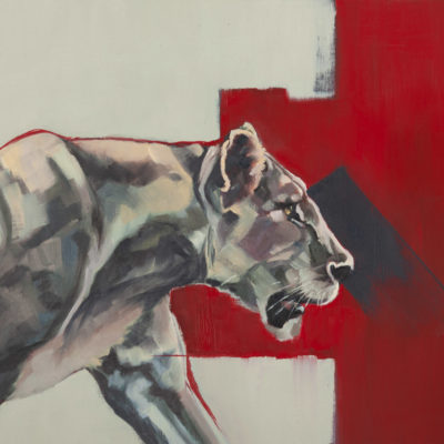 "Staying Alive", original oil painting on canvas sheet, mounted in white, of a lioness, by Wendy Beresford