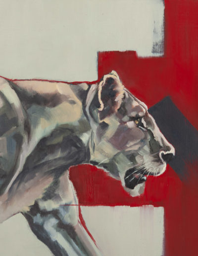 "Staying Alive", original oil painting on canvas sheet, mounted in white, of a lioness, by Wendy Beresford