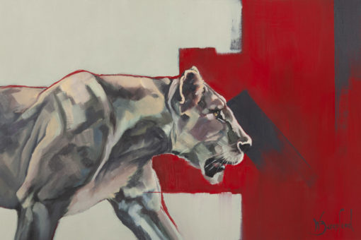 "Staying Alive", original oil painting on canvas sheet, mounted in white, of a lioness, by Wendy Beresford